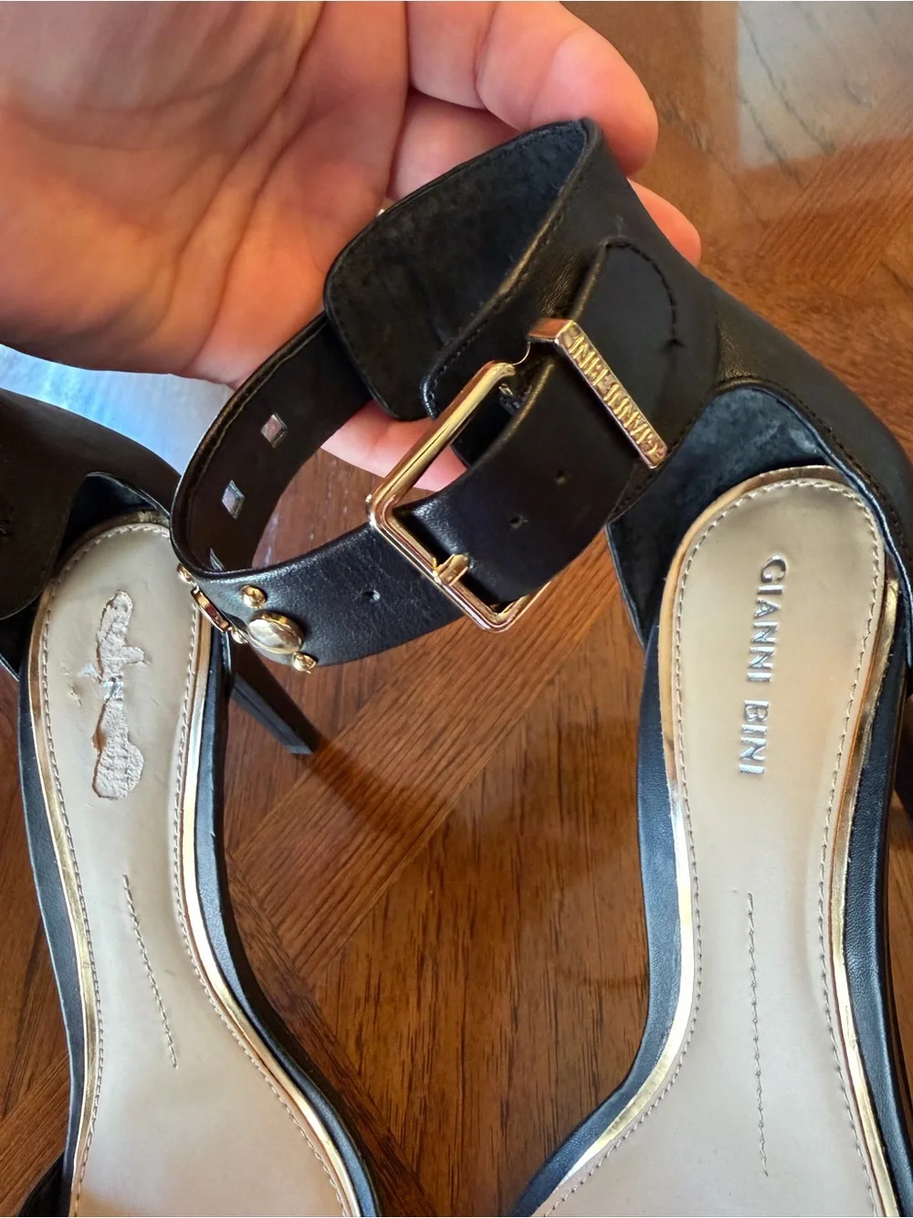 Gianni Bini Black Leather Studded Ankle Strap Gladiator Stiletto Heels 9.5M